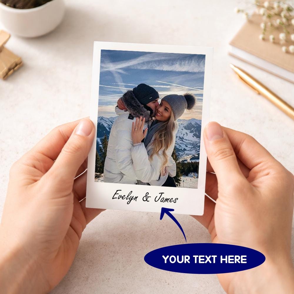 Personalized photo magnet showing a couple photo with personalized name text printed below the image.