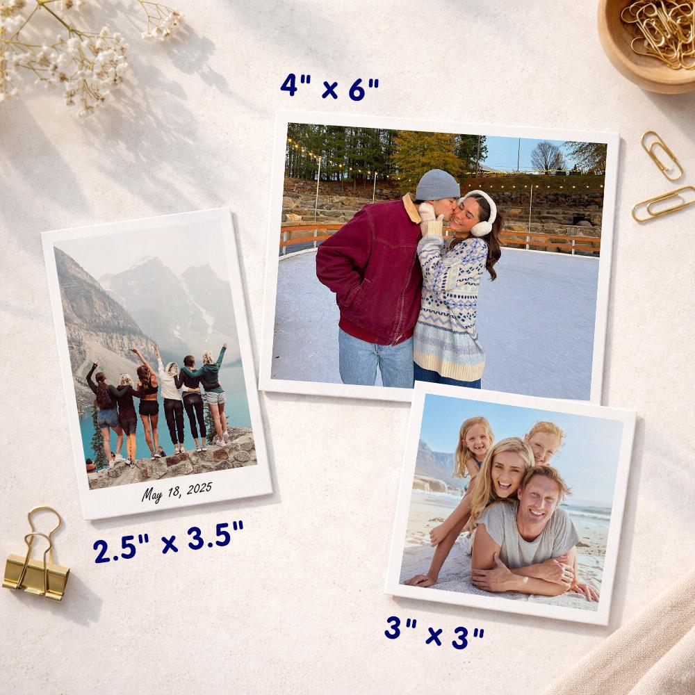 Personalized photo magnet available in multiple sizes, including 4x6 inch, 2.5x3.5 inch, and 3x3 inch