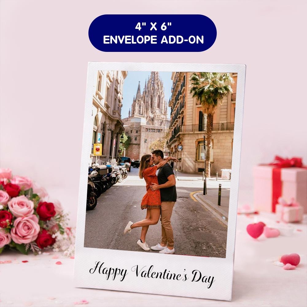 Custom photo magnet displayed in a 4x6 envelope add-on with a personalized Valentine’s Day message