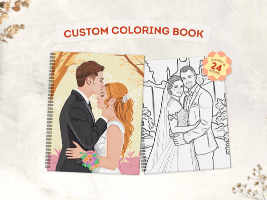 Custom coloring book with wedding-themed illustrations