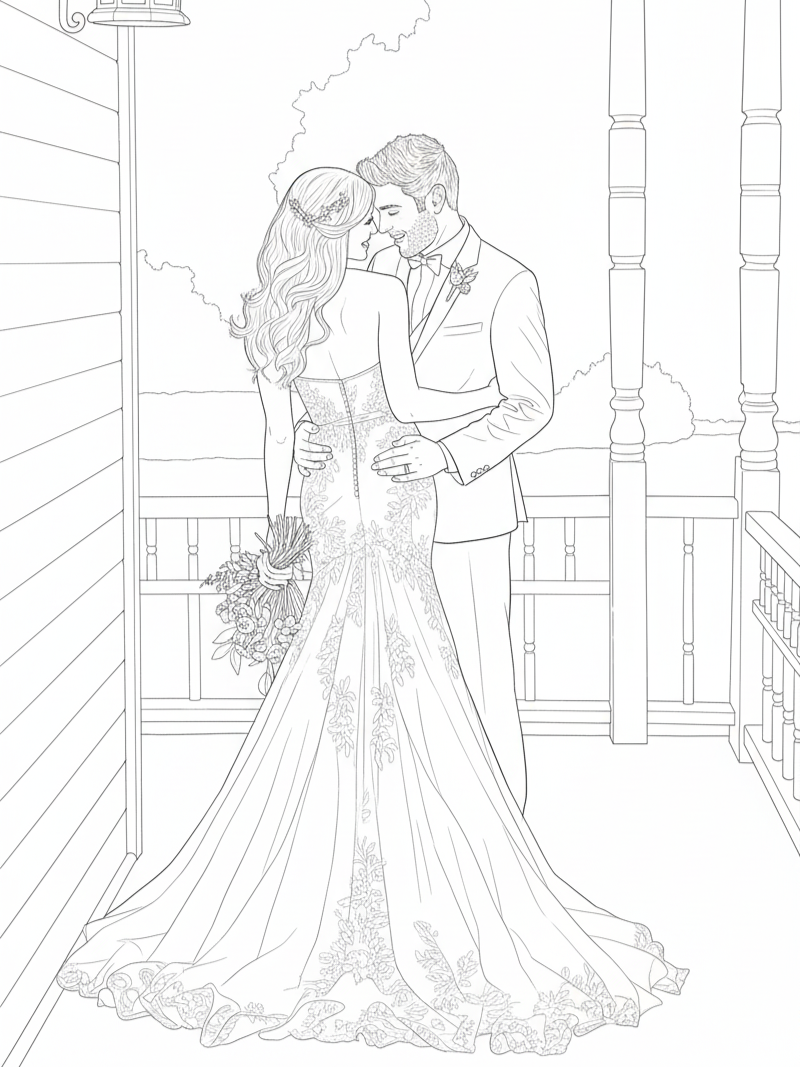 Illustration of a bride and groom embracing on a staircase