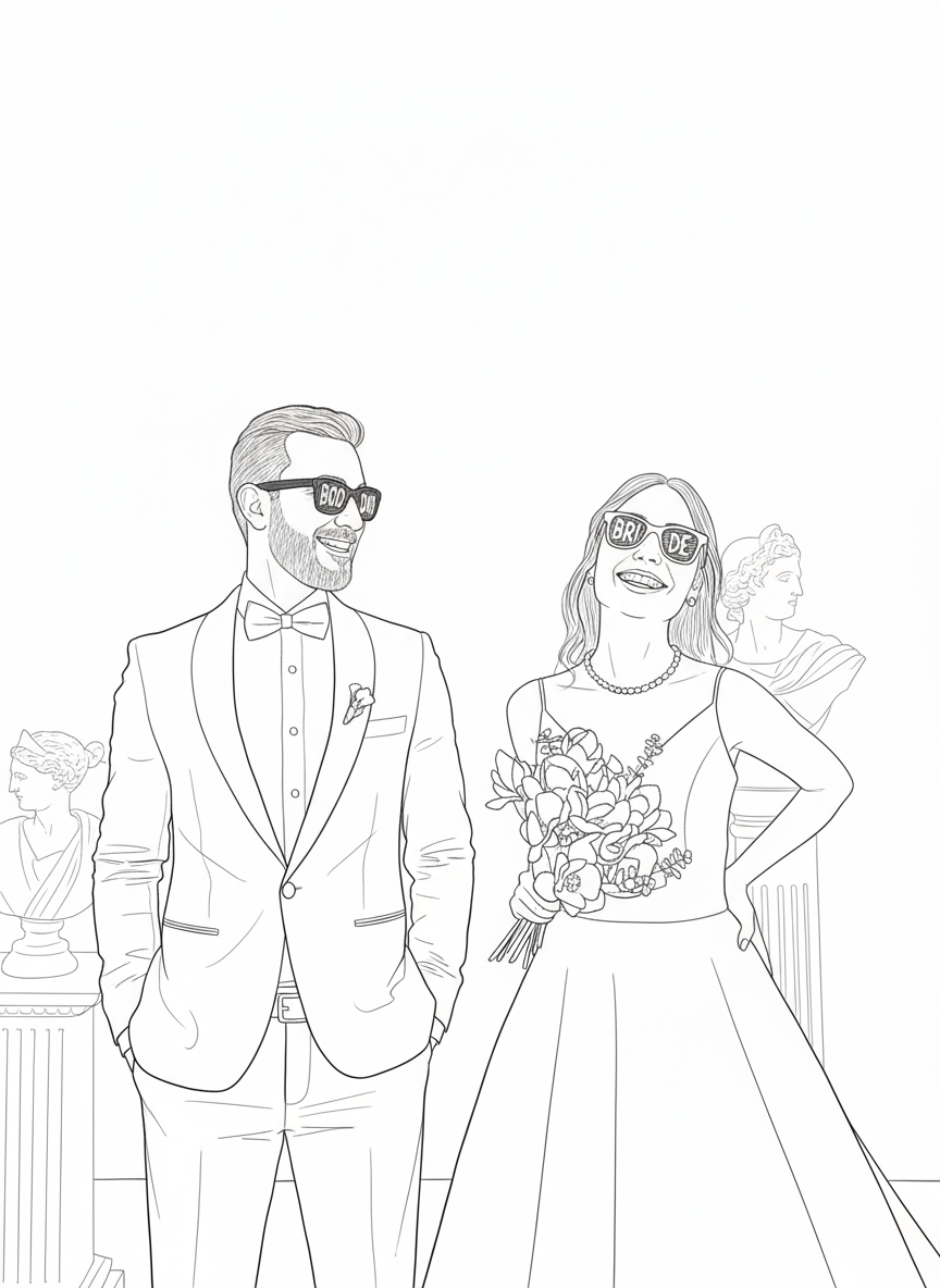 Line drawing of a bride and groom standing together with sunglasses on.