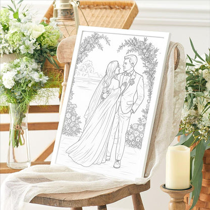 Line drawing of a bride and groom framed with floral elements on a wooden chair.