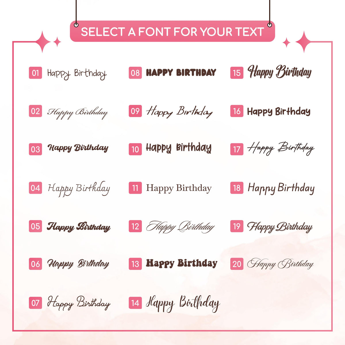 Guide displaying 20 font styles for customizing text