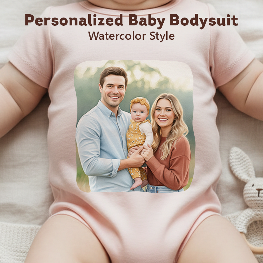 Baby bodysuit with a watercolor-style print of a family holding a baby