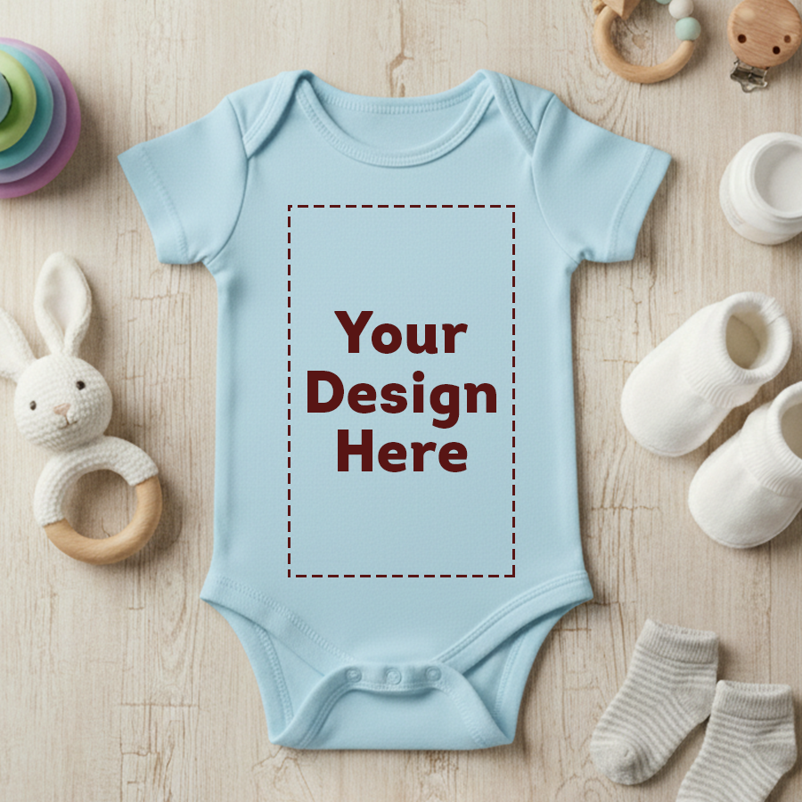 Light blue baby onesie with 'Your Design Here' text on a wooden surface with baby toys.