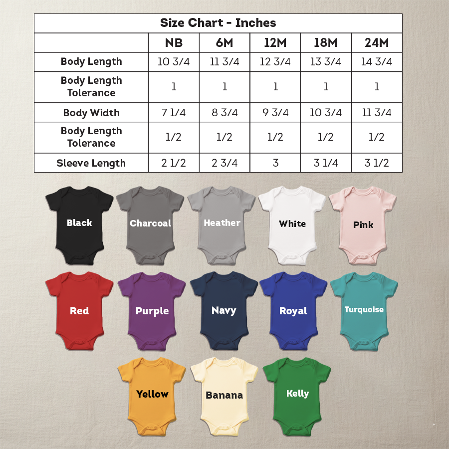 Baby onesies in various colors with a size chart on a textured beige background
