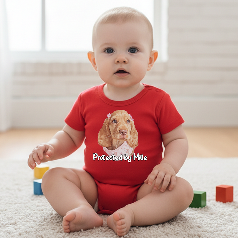 Baby wearing a red onesie with a dog illustration and text, sitting on a carpeted floor.
