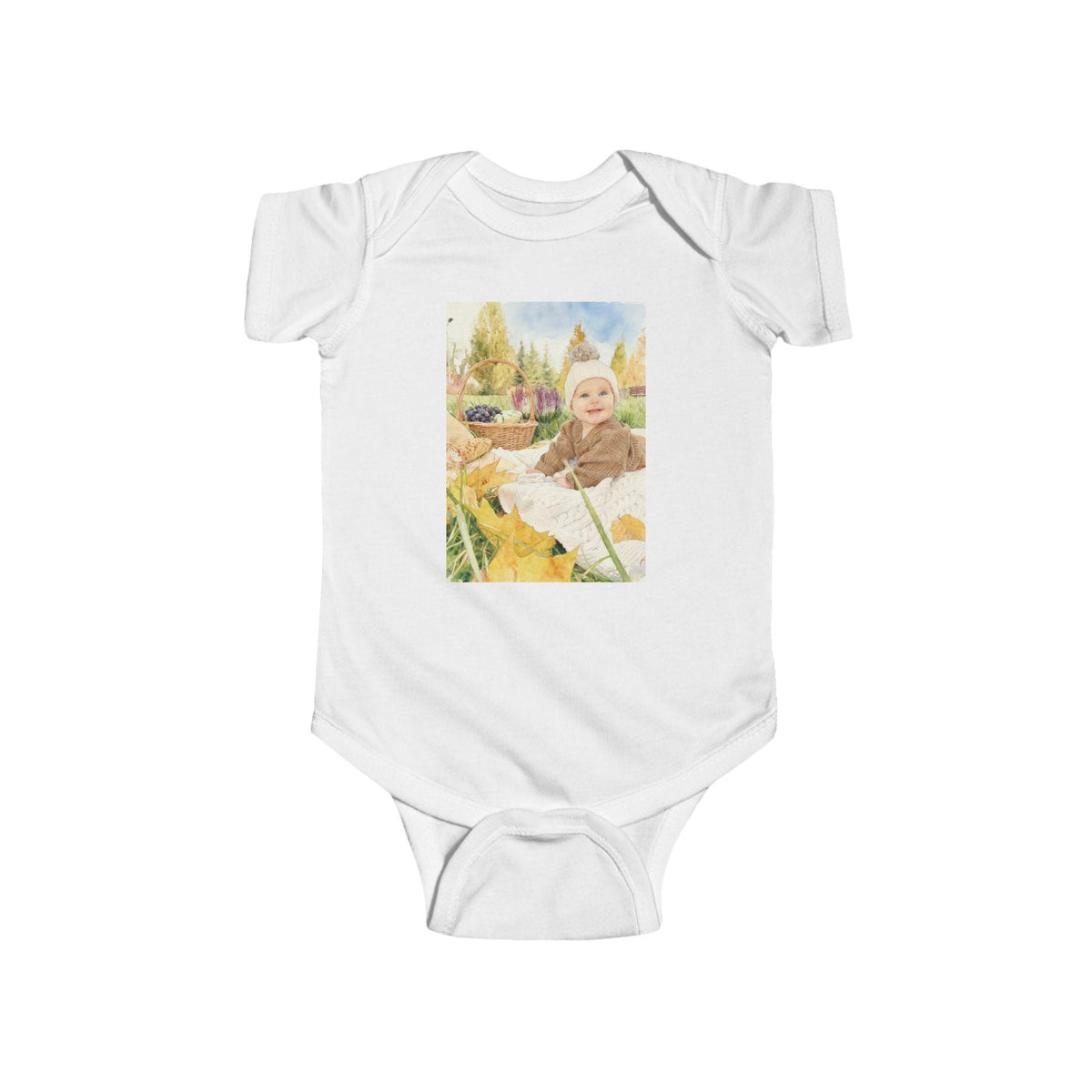 White baby onesie with a printed design of a child in a pumpkin costume on a white background