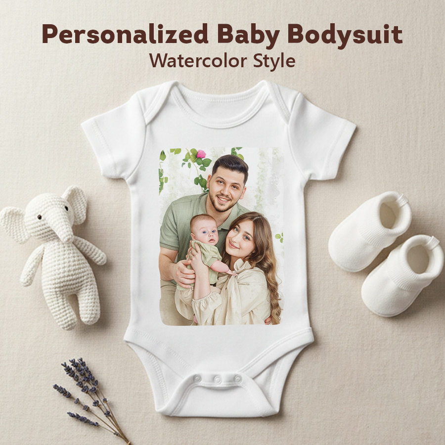 White baby bodysuit with a printed design of a family, surrounded by baby items on a beige background.