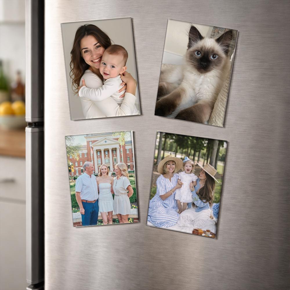 Personalized photo magnets displayed on a refrigerator