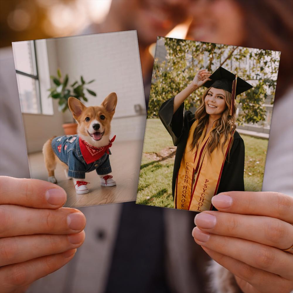 Hands holding two personalized photo magnets, one with a pet photo and one with a graduation portrait