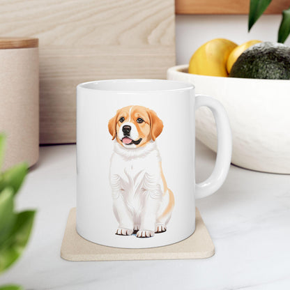 White mug with a dog illustration on a coaster, placed on a light surface with a plant and container in the background.