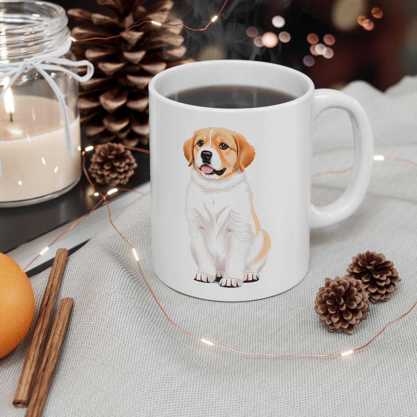 White mug with a dog illustration on a table with decorative items