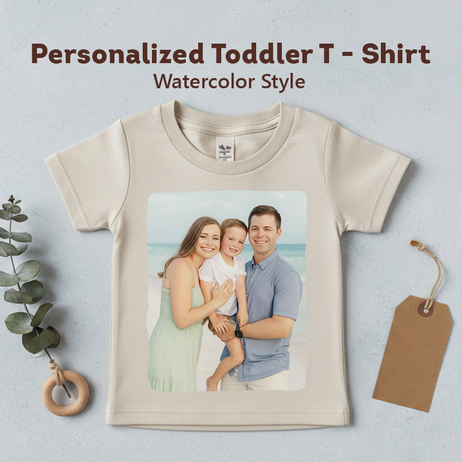 Beige t-shirt with a family photo on a light gray background