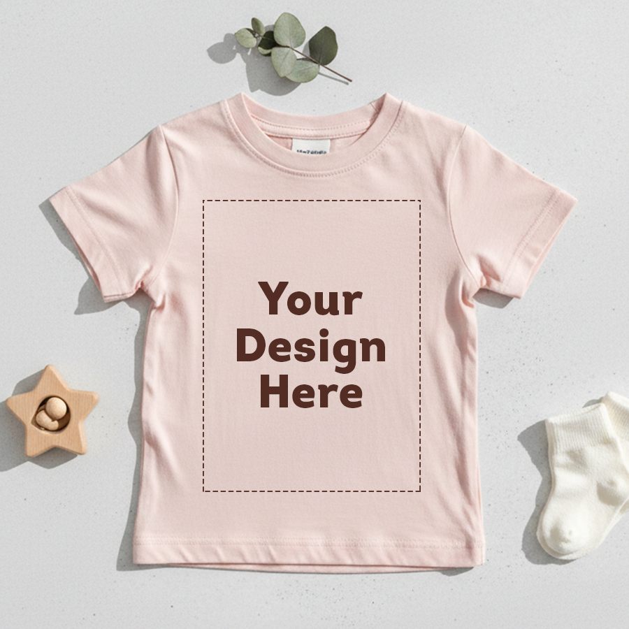 Pink t-shirt with 'Your Design Here' text on a light gray background