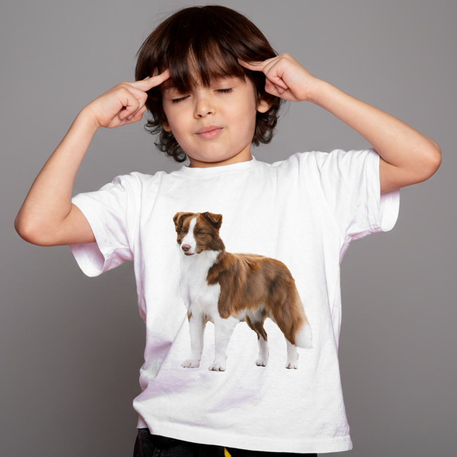 Child wearing a white t-shirt with a dog graphic on a gray background