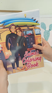 Video showing hands flipping through personalized coloring books, revealing custom pages made from personal photos with clean line art, single-sided pages, and a glossy cover.