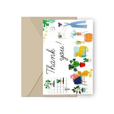 Greeting card with colorful illustrations and 'Thank you!' text on a white background