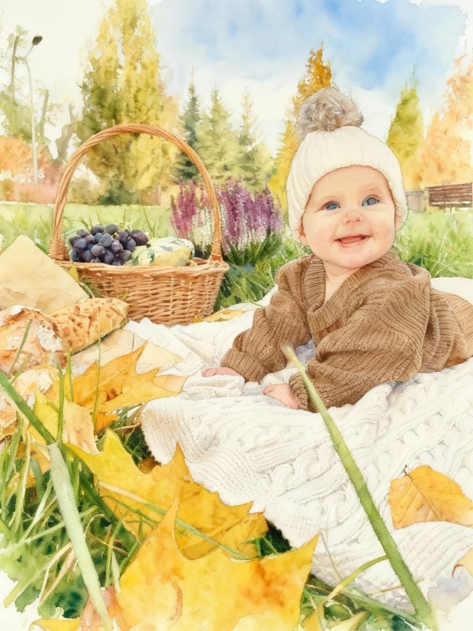 Baby in a brown outfit sitting on a blanket with autumn leaves and a picnic basket in the background.